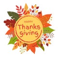 Happy Thanksgiving banner or badge with Autumn or Fall leaves with hand drawn text. Greeting card background template. Vector Royalty Free Stock Photo